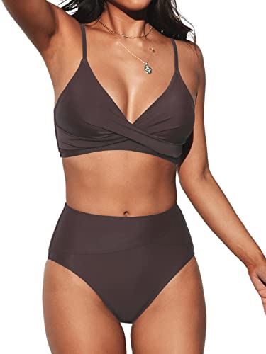 CUPSHE Damen Bikini Set Crossover High Waist Bikini Bademode Wickel V Ausschnitt Raffungen Zweiteiliger Badeanzug Swimsuit Braun L von CUPSHE