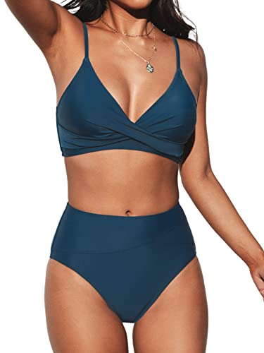 CUPSHE Damen Bikini Set Crossover High Waist Bikini Bademode Wickel V Ausschnitt Raffungen Zweiteiliger Badeanzug Swimsuit Dunkelblau XL von CUPSHE