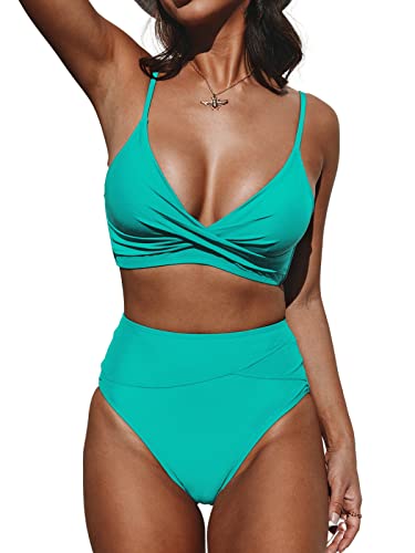 CUPSHE Damen Bikini Set Crossover High Waist Bikini Bademode Wickel V Ausschnitt Raffungen Zweiteiliger Badeanzug Swimsuit Türkis M von CUPSHE