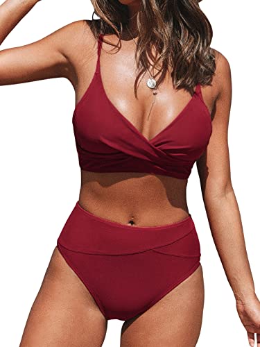 CUPSHE Damen Bikini Set Crossover High Waist Bikini Bademode Wickel V Ausschnitt Raffungen Zweiteiliger Badeanzug Swimsuit Weinrot L von CUPSHE
