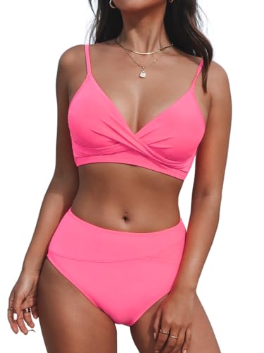 CUPSHE Damen Bikini Set Crossover High Waist Bikini Bademode Wickeloptik V Ausschnitt Raffungen Zweiteiliger Badeanzug Swimsuit Hot Pink L von CUPSHE