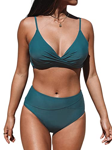 CUPSHE Damen Bikini Set Crossover High Waist Bikini Bademode Wickeloptik V Ausschnitt Raffungen Zweiteiliger Badeanzug Swimsuit Ozeanblau L von CUPSHE