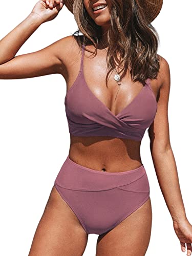 CUPSHE Damen Bikini Set Crossover High Waist Bikini Bademode Wickeloptik V Ausschnitt Raffungen Zweiteiliger Badeanzug Swimsuit Traube Lila M von CUPSHE