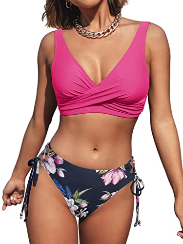 CUPSHE Damen Bikini Set Crossover Lace Up Tank Bikini Bademode Wickel V Ausschnitt Low Waist Blumen Zweiteiliger Badeanzug Swimsuit Magenta XS von CUPSHE