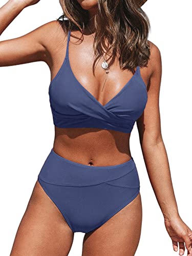 CUPSHE Damen Bikini Set Crossover Raffungen High Waist Bikini Bademode Wickeloptik V Ausschnitt Zweiteiliger Badeanzug Swimsuit Persisches Blau M von CUPSHE