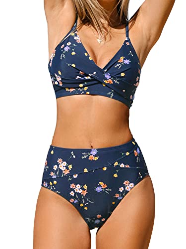 CUPSHE Damen Bikini Set Crossover V Ausschnitt High Waist Bikini Bademode Wickeloptik Blümchenmuster Zweiteiliger Badeanzug Swimsuit Marineblau/Blumen XS von CUPSHE