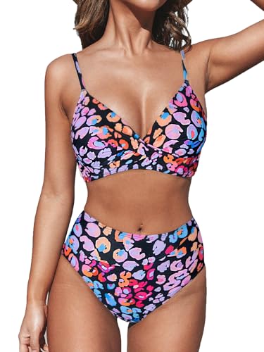 CUPSHE Damen Bikini Set Crossover V Ausschnitt High Waist Tank Bademode Elegant Zweiteiliger Badeanzug Swimsuit Pink Leopardendruck S von CUPSHE