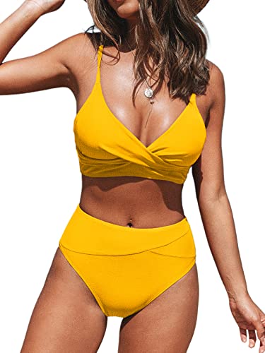 CUPSHE Damen Bikini Set Crossover V Ausschnitt High Waist Tank Bademode Zweiteiliger Badeanzug Swimsuit Gelb L von CUPSHE