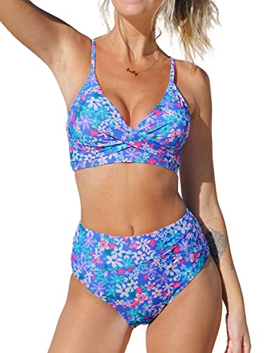 CUPSHE Damen Bikini Set Crossover V Ausschnitt High Waist Tank Bademode Zweiteiliger Badeanzug Swimsuit Lila Blaue Blumen L von CUPSHE