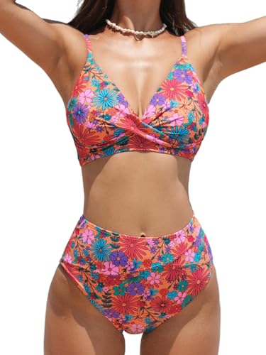 CUPSHE Damen Bikini Set Crossover V Ausschnitt High Waist Tank Bikini Bademode Blumenmuster Elegant Zweiteiliger Badeanzug Swimsuit Pink/Oranger Blumenmuster L von CUPSHE