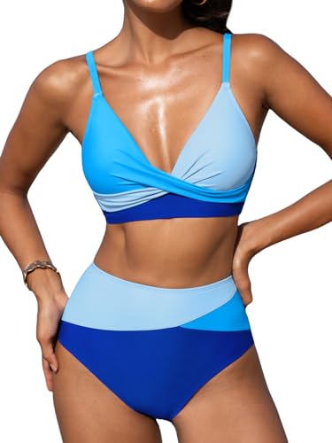CUPSHE Damen Bikini Set Crossover V Ausschnitt High Waist Tank Bikini Bademode Farbblock Elegant Zweiteiliger Badeanzug Swimsuit Himmelblau/Azurblau S von CUPSHE