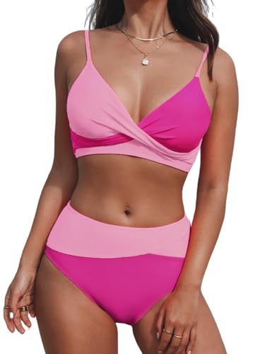 CUPSHE Damen Bikini Set Crossover V Ausschnitt High Waist Tank Bikini Bademode Farbblock Elegant Zweiteiliger Badeanzug Swimsuit Magenta/Pink L von CUPSHE