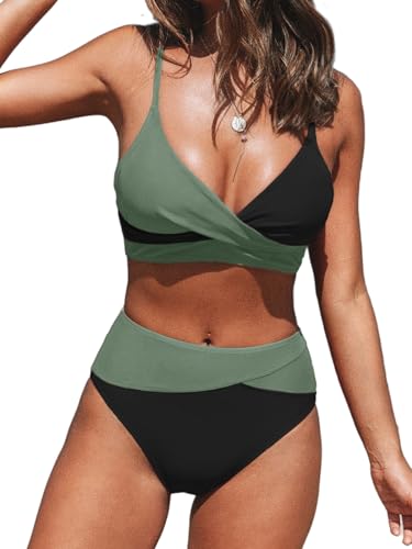 CUPSHE Damen Bikini Set Crossover V Ausschnitt High Waist Tank Bikini Bademode Farbblock Elegant Zweiteiliger Badeanzug Swimsuit Schwarz/Grün XS CUPSHE Damen Bikini Set Crossover V Ausschnitt High Waist Tank Bikini Bademode Farbblock Elegant Zweiteiliger Badeanzug Swimsuit Schwarz/Grün XS von CUPSHE