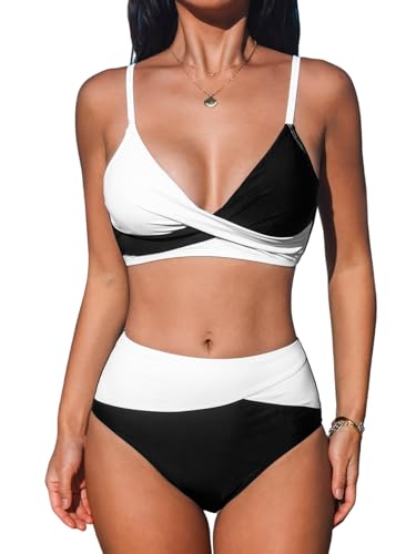 CUPSHE Damen Bikini Set Crossover V Ausschnitt High Waist Tank Bikini Bademode Farbblock Elegant Zweiteiliger Badeanzug Swimsuit Black/White L von CUPSHE