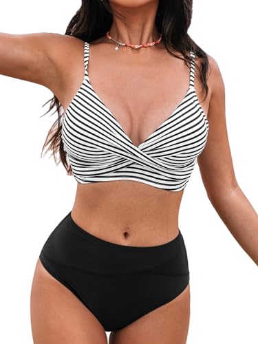 CUPSHE Damen Bikini Set Crossover V Ausschnitt High Waist Tank Bikini Bademode Streifenmuster Elegant Zweiteiliger Badeanzug Swimsuit Schwarze Streifen L CUPSHE Damen Bikini Set Crossover V Ausschnitt High Waist Tank Bikini Bademode Streifenmuster Elegant Zweiteiliger Badeanzug Swimsuit Schwarze Streifen L von CUPSHE