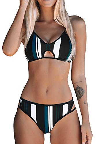 CUPSHE Damen Bikini Set Cut-Out Bustier Bikinioberteil Streifen Bademode Zweiteiliger Badeanzug Mehrfarbig L von CUPSHE