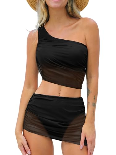 CUPSHE Damen Bikini Set Eine Schulter High Waist Netzstoff Bikini Baderock Sheer Mesh Asymmetrische Bademode Zweiteiliger Badeanzug Swimsuit Schwarz XL von CUPSHE