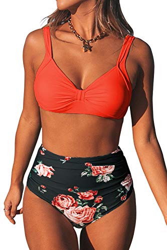 CUPSHE Damen Bikini Set Herzausschnitt Breite Träger High Waist Bademode Zweiteiliger Badeanzug Orange/Schwarz M von CUPSHE