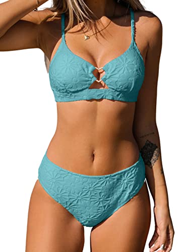 CUPSHE Damen Bikini Set Herzform Ringen Cut Out Jacquard Blumemuster Mid Waist Bademode Zweiteiliger Badeanzug Swimsuit Saphirblau S von CUPSHE