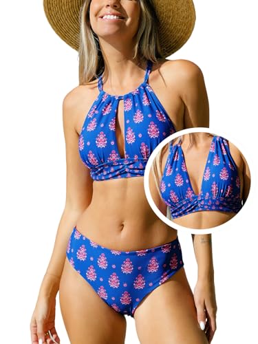 CUPSHE Damen Bikini Set High Neck Lace Up Kordelzug Mid Waist Wendbare Bikinihose Multiway Bikini Bademode Zweiteiliger Badeanzug Swimsuit Blaues Maulbeerblumen XL von CUPSHE