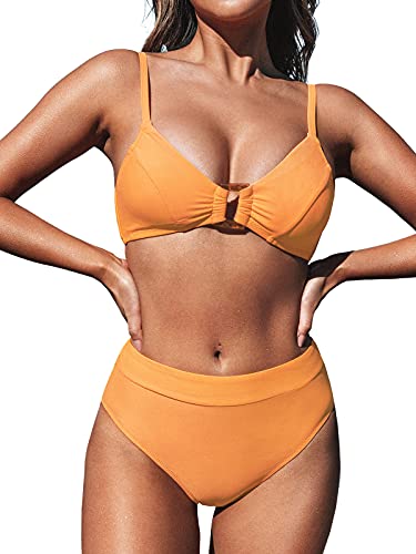 CUPSHE Damen Bikini Set High Waist Zierschnalle Bikini Bademode V Ausschnitt Zweiteiliger Badeanzug Swimsuit Gelb M von CUPSHE