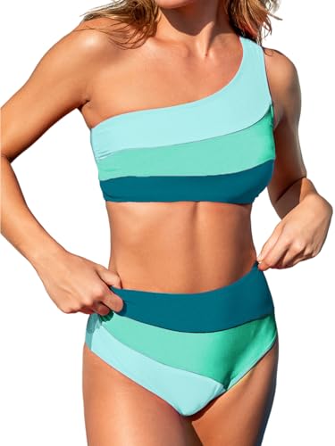 CUPSHE Damen Bikini Set Hohe Taille EIN Schulter Farbblock Raffung Asymmetrisch Zweiteilige Bademode Mint Green/Light Blue L CUPSHE Damen Bikini Set Hohe Taille EIN Schulter Farbblock Raffung Asymmetrisch Zweiteilige Bademode Mint Green/Light Blue L von CUPSHE