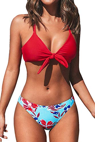 CUPSHE Damen Bikini Set Knot Triangel Bikini Swimsuit Blumenmuster Low Rise Bademode Zweiteiliger Badeanzug Rot/Blau XS von CUPSHE