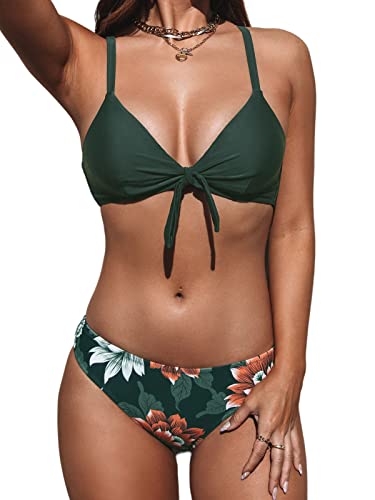 CUPSHE Damen Bikini Set Knoten Low Waist Bikini Bademode Cross Back Blumenmuster Zweiteiliger Badeanzug Swimsuit Dunkelgrünes Blumenmuster L von CUPSHE