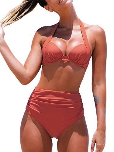 CUPSHE Damen Bikini Set Neckholder Bügel Push Up Bikini Bademode High Waist Bauchweg Raffungen Zweiteiliger Badeanzug Swimsuit Braun XL von CUPSHE