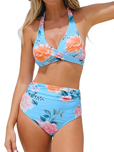 CUPSHE Damen Bikini Set Neckholder Crossover High Waist Bauchweg Bademode Blumenmuster Zweiteiliger Badeanzug Swimsuit Blau Floral M von CUPSHE