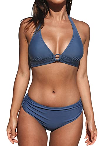 CUPSHE Damen Bikini Set Neckholder Ringen Bikini Bademode V Ausschnitt Mid Waist Raffungen Zweiteiliger Badeanzug Swimsuit Blau S von CUPSHE