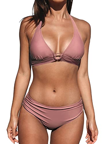 CUPSHE Damen Bikini Set Neckholder Ringen Bikini Bademode V Ausschnitt Mid Waist Raffungen Zweiteiliger Badeanzug Swimsuit Rosenholz S von CUPSHE