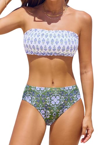 CUPSHE Damen Bikini Set Neckholder Rüschen Gesmokter Bikini Bademode Abnehmbare Träger Blumenmuster Zweiteiliger Badeanzug Swimsuit Weiß/Dunkelolivgrün S von CUPSHE