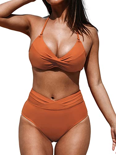 CUPSHE Damen Bikini Set Neckholder V Ausschnitt Crossover Bikini Bademode Wickeloptik High Waist Zweiteiliger Badeanzug Swimsuit Burnt Orange XL von CUPSHE