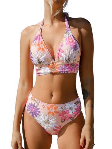 CUPSHE Damen Bikini Set Neckholder V Ausschnitt Selbstbindung Raffungen Mid Waist Bademode Blumenmuster Zweiteiliger Badeanzug Swimsuit Pink floral M von CUPSHE