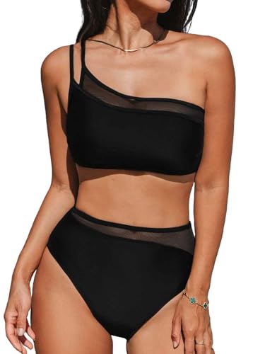 CUPSHE Damen Bikini Set One Shoulder High Waist Badeanzug mit Netzstoff und Cutouts Asymmetrische Zweiteilige Bademode für Sommer und Strand Schwarz S von CUPSHE