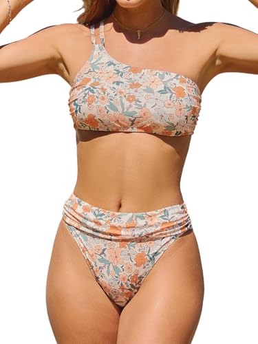 CUPSHE Damen Bikini Set One Shoulder High Waist Bikini Raffung High Cut Asymmetrische Bademode Zweiteiliger Badeanzug Swimsuit Gelb/Orange Floral L von CUPSHE