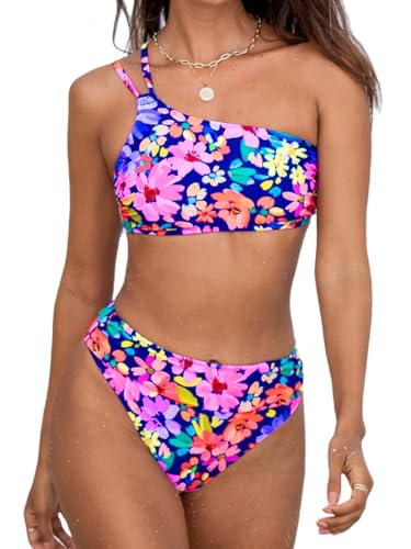 CUPSHE Damen Bikini Set One Shoulder High Waist Bikini Raffung High Cut Asymmetrische Bademode Zweiteiliger Badeanzug Swimsuit Pink/Blaues Blumenmuster M von CUPSHE