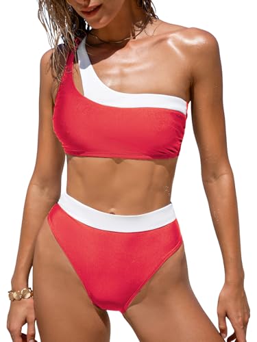 CUPSHE Damen Bikini Set One Shoulder High Waist Farbblock Cutouts Asymmetrische Zweiteiliger Badeanzug Bademode für Sommer und Strand Rot/Weiß L von CUPSHE