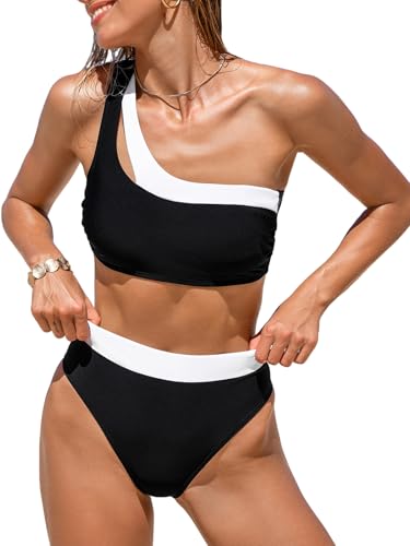 CUPSHE Damen Bikini Set One Shoulder High Waist Farbblock Cutouts Asymmetrische Zweiteiliger Badeanzug Bademode für Sommer und Strand Schwarz/Weiß M von CUPSHE