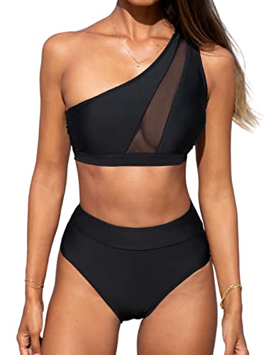 CUPSHE Damen Bikini Set One Shoulder Sheer Mesh High Waist Asymmetrische Bademode Zweiteiliger Badeanzug Swimsuit Schwarz XS von CUPSHE