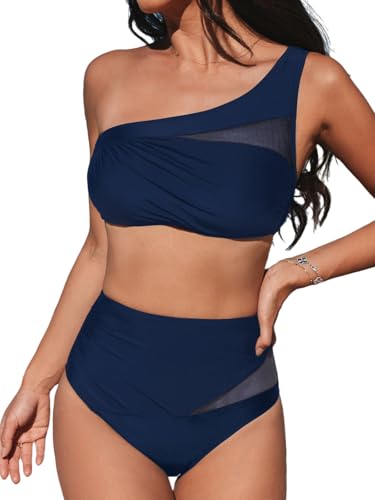 CUPSHE Damen Bikini Set One Shoulder Sheer Netzstoff High Waist Bikini Asymmetrische Bademode Zweiteiliger Badeanzug Swimsuit Marineblau L CUPSHE Damen Bikini Set One Shoulder Sheer Netzstoff High Waist Bikini Asymmetrische Bademode Zweiteiliger Badeanzug Swimsuit Marineblau L von CUPSHE