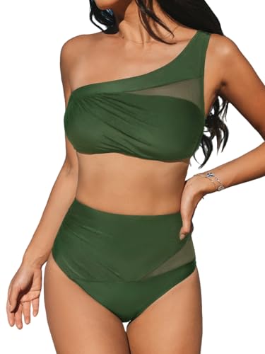 CUPSHE Damen Bikini Set One Shoulder Sheer Netzstoff High Waist Bikini Asymmetrische Bademode Zweiteiliger Badeanzug Swimsuit Moosgrün L von CUPSHE