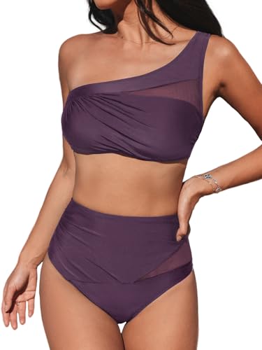 CUPSHE Damen Bikini Set One Shoulder Sheer Netzstoff High Waist Bikini Asymmetrische Bademode Zweiteiliger Badeanzug Swimsuit Pflaumenlila XL CUPSHE Damen Bikini Set One Shoulder Sheer Netzstoff High Waist Bikini Asymmetrische Bademode Zweiteiliger Badeanzug Swimsuit Pflaumenlila XL von CUPSHE
