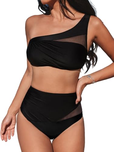 CUPSHE Damen Bikini Set One Shoulder Sheer Netzstoff High Waist Bikini Asymmetrische Bademode Zweiteiliger Badeanzug Swimsuit Schwarz XS CUPSHE Damen Bikini Set One Shoulder Sheer Netzstoff High Waist Bikini Asymmetrische Bademode Zweiteiliger Badeanzug Swimsuit Schwarz XS von CUPSHE