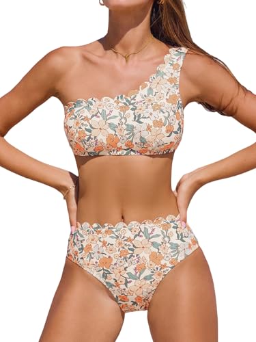 CUPSHE Damen Bikini Set One Shoulder Wellenkante Mid Waist Bikini Asymmetrische Bademode Zweiteiliger Badeanzug Swimsuit Gelb/orange Blumenmuster XL von CUPSHE