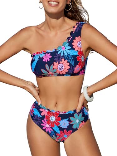 CUPSHE Damen Bikini Set One Shoulder Wellenkante Mid Waist Bikini Asymmetrische Bademode Zweiteiliger Badeanzug Swimsuit Schwarz/Magenta/Blau XL von CUPSHE