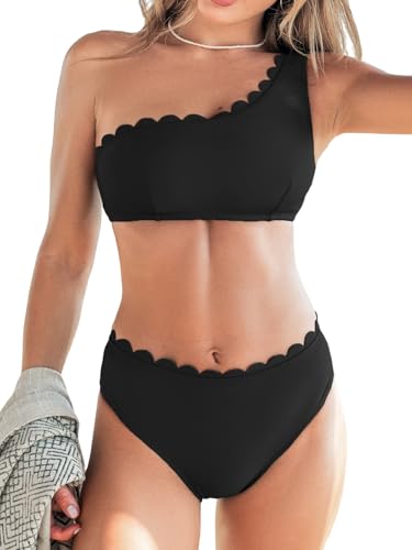 CUPSHE Damen Bikini Set One Shoulder Wellenkante Mid Waist Bikini Asymmetrische Bademode Zweiteiliger Badeanzug Swimsuit Schwarz XL von CUPSHE