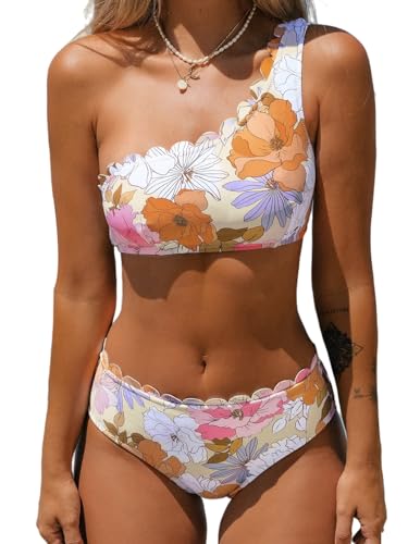 CUPSHE Damen Bikini Set One Shoulder Wellenkante Mid Waist Bikini Asymmetrische Bademode Zweiteiliger Badeanzug Swimsuit Weiß/Pink Blumenmuster XL von CUPSHE