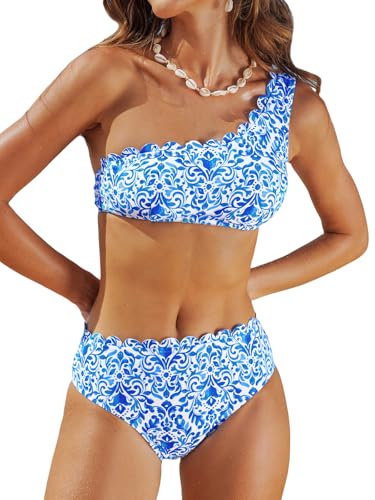 CUPSHE Damen Bikini Set One Shoulder Wellenkante Mid Waist Bikini Asymmetrische Bademode Zweiteiliger Badeanzug Swimsuit White/Blue Baroque Floral XS CUPSHE Damen Bikini Set One Shoulder Wellenkante Mid Waist Bikini Asymmetrische Bademode Zweiteiliger Badeanzug Swimsuit White/Blue Baroque Floral XS von CUPSHE